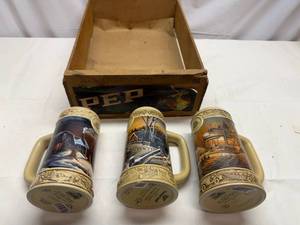 lot 19 image: Miller Genuine Draft DucksUnlimited Terry Redlin Collection Steins, Hams Beer Glasses & Wooden Crate