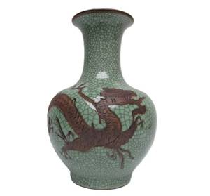 lot 56 image: Great Looking Vintage Chinese Dragon Vase wCrackle Finish - Signed on Bottom