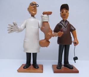 lot 59 image: 2 Vintage Hand Carved Figures by Romer - Made in Italy - Doctor & Handyman