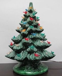 lot 121 image: Vintage 2-Piece Vintage Ceramic Lighted Christmas Tree wBirds