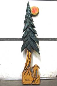 lot 123 image: Very Cool LARGE Signed Carved Painted Wood Pine Tree Wall Sculpture