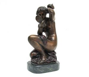 lot 14 image: Excellent Signed Heavy Bronze Figural Nude Sculpture by Richard Guino - Woman with a Mirror