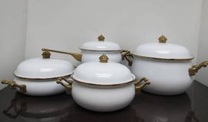lot 23 image: NOS Never Used Bon Chef Enameled Brass Cooking Pot Set