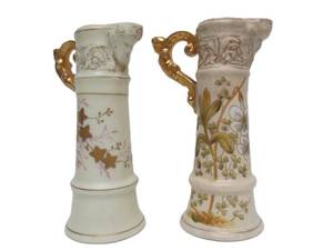lot 164 image: Pair of Antique Bacchus-Faced Wine Ewer Vases by Franz Schmidt - Austria - ca. 1900