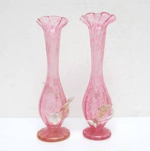 lot 165 image: Early Pair of Hand Blown Pink Floral Glass Vases - ca. 1825