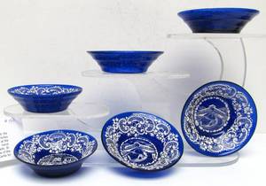lot 175 image: Set of 6 Antique Cobalt Blue Glass Venetian Berry Bowls - ca. 1910 