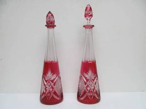 lot 188 image: Wonderful Pair of Large Antique Bohemian Cut-to-Clear Cranberry Glass Decanters