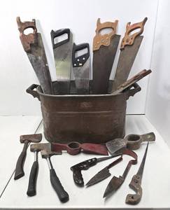 lot 196 image: Antique Copper Boiler Full of Vintage Tools Saws Hatchets etc