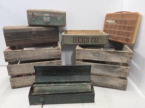 lot 203 image: Primitive Vintage etc Wood & Metal Boxes