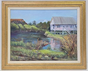 lot 235 image: Framed Signed Oil on Canvas Painting Landscape  Homestead Painting