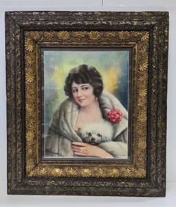 lot 240 image: Beautifully Framed Original 1920s era Litho Pinup Style Print of a Young Lady wDog