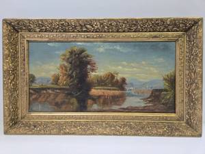 lot 243 image: Very Nice Original 19th Century Landscape Painting in Deep Ornate Gilt Wood Frame