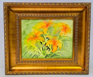 lot 247 image: Ornately Gold Framed Watercolor Floral Painting