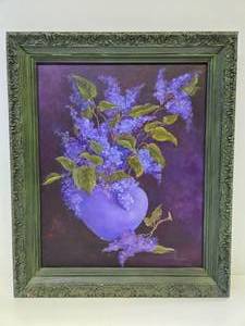 lot 251 image: Electric Style Purple Framed Signed Oil on Canvas Floral Still Life Painting 