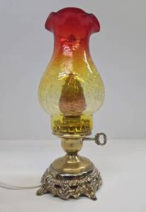 lot 252 image: Mid Century Brass Lamp w Blenko Amberlina Crackle Glass Shade