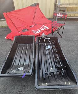 lot 271 image: Fantastic Ice Fishing Lot - ESKIMO Quickfish 3 Ice Fishing Shelter Sleds Auger etc