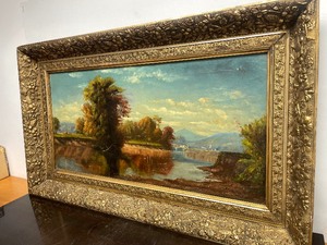 lot 243 image: Very Nice Original 19th Century Landscape Painting in Deep Ornate Gilt Wood Frame