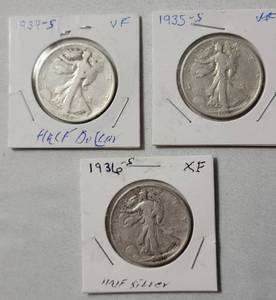 lot 28 image: 3 - Liberty Silver Half Dollars (1934S, 1935S, 1936S)