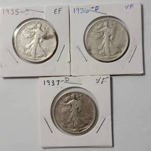 lot 29 image: 3 - Liberty Silver Half Dollars (1935D, 1936D, 1937D)
