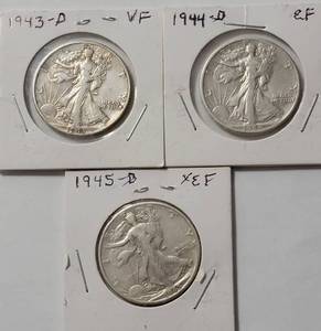lot 38 image: 3- Liberty Silver Half Dollars (1943D,1944D,1945D)
