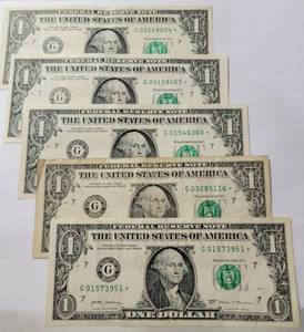 5 -Star Dollars Printed in Fort Worth Texas - All have the same letter G