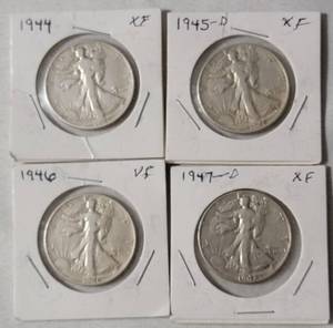 lot 39 image: 4-Liberty Silver Half Dollars (1944,1945D,1946,1947D)