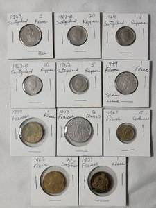 lot 59 image: 11 Coins from France and Switzerland  - (Francs and Rappen)