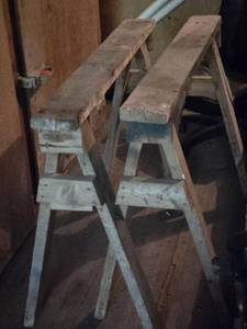 lot 49 image: Lot of 2 Wooden Sawhorses - Need Minor Repair approximately 47 inches in height