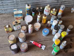 lot 78 image: Lot of Various Woodworking and DIY Products Including Varnish, Paint, and Wood Fillers Some Partially Full