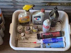 lot 79 image: Lot of Automotive and Maintenance Supplies such as Valvoline motor oil, Mystik grease, Sea Foam motor treatment, and Oatey PVC cement - Partially Full Containers