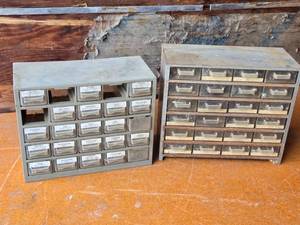 lot 162 image: Storage Drawer Cabinets containing nuts, washers, and cotter pins, screws, hinges, and other small metal parts