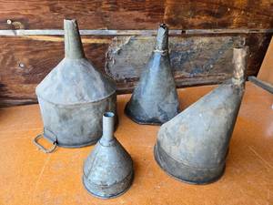 lot 346 image: Vintage Metal Funnels including Large and Medium Sizes