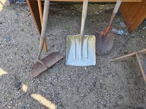 lot 389 image: Shovels and Hand Tools including Rusty Shovel, Snow Shovel, and Round Point Shovel