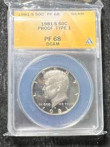 lot 09 image: 1981-S US PROOF KENNEDY HALF DOLLAR ANACS PF68 DCAM