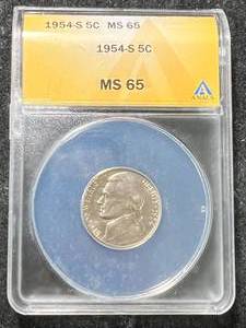 lot 10 image: 1954-S US JEFFERSON NICKEL ANACS MS65