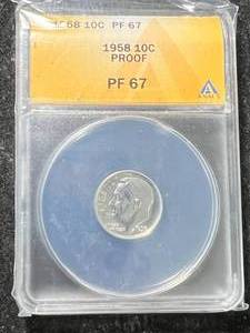 lot 19 image: 1958 US PROOF ROOSEVELT DIME ANACS PF67
