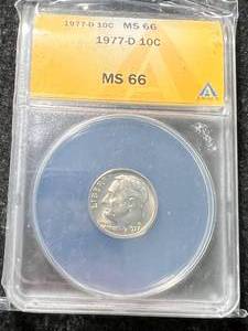 lot 23 image: 1977-D US ROOSEVELT DIME ANACS MS66