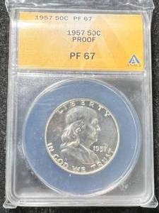 lot 27 image: 1957 US PROOF FRANKLIN HALF DOLLAR ANACS PF67