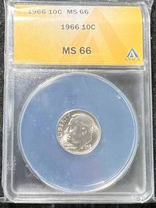 lot 33 image: 1966 US ROOSEVELT DIME ANACS MS66