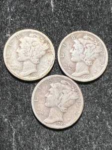 lot 66 image: 3 US MERCURY DIMES 1923 1928 1929