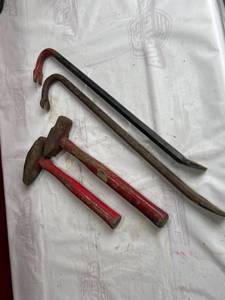 lot 515 image: Two Hammers and Two Pry Bars with Red Handles and Rust Patina