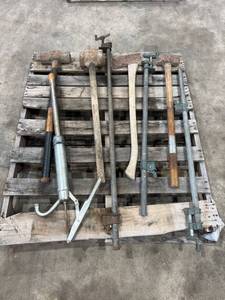 lot 701 image: Wood Clamps, Axes, Mauls, and Bulk Oil Pump