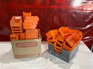 lot 121 image: Orange Plastic Homak Stackable Storage Bins