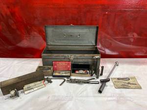 lot 404 image: Metal Toolbox with Starrett Micrometer, Craftsman Torque Wrench, and More.