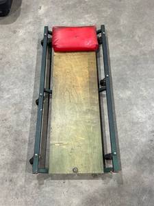 lot 408 image: Wooden Mechanics Creeper with Red Headrest and Metal Frame