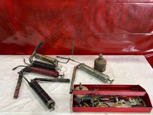 lot 556 image: Grease Guns, Oil Can, and Assorted Hand Tools in Metal Toolbox