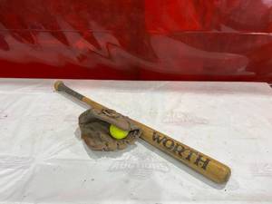 lot 811 image: Worth Wooden Baseball Bat with Leather Glove and Ball