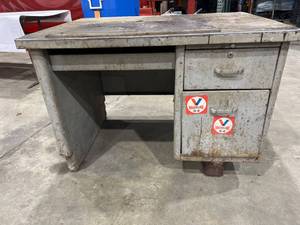 lot 86 image: Metal Industrial Desk with Drawers and Vintage Stickers