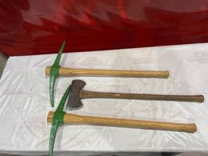 lot 211 image: Two Pickaxes and One Axe with Wooden Handles