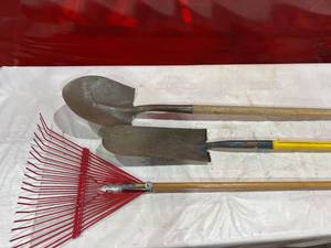 lot 213 image: Three Gardening Tools With Wooden Handles
